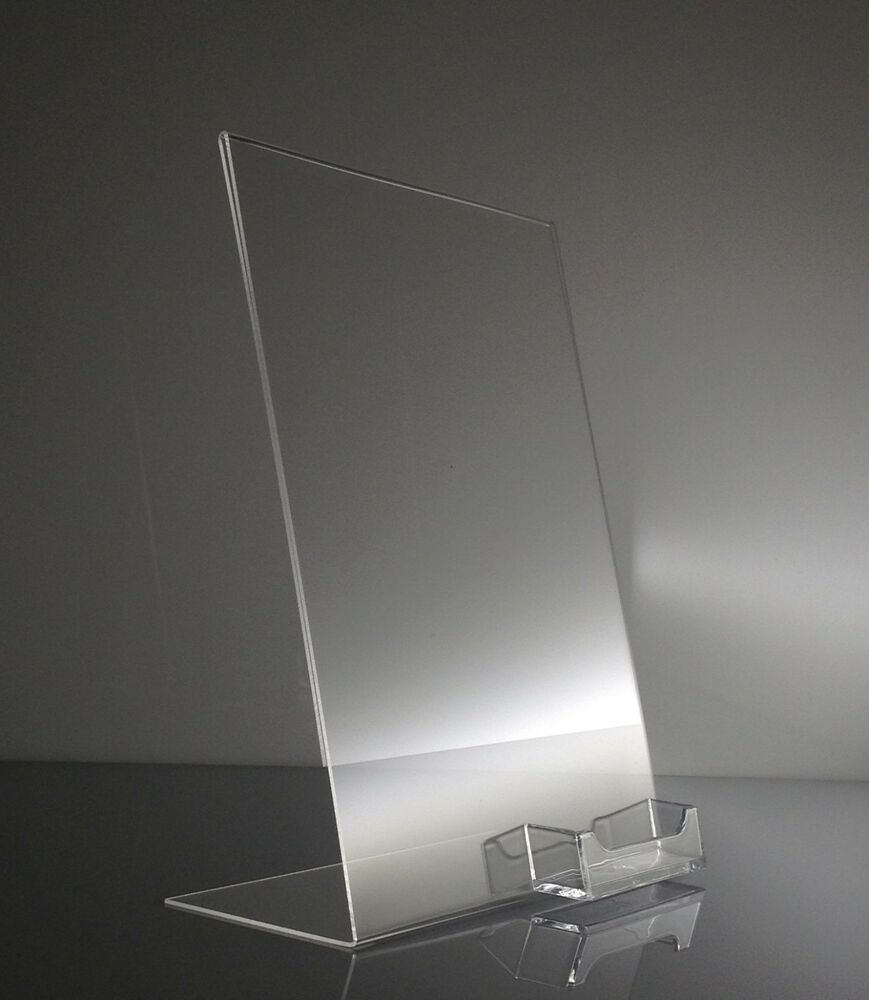 Slant Back Sign Holder With Business Card Holder Clear Acrylic Sign Holder 8.5x11 Acrylic Display