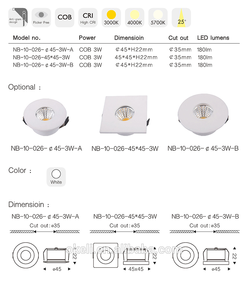 Indoor Decoration Warm White COB Aluminum  3W LED Spot Light