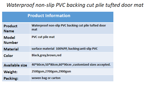 Waterproof non-slip PVC backing cut pile tufted door mat