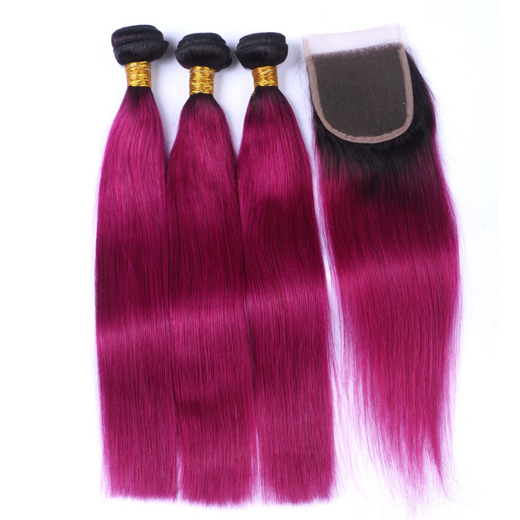 Wholesale High Quality Raw Indian Human Hair Colorful Straight Hair Bundles With Lace Closure