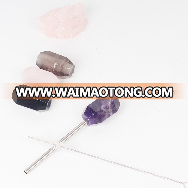 Natural  Gemstone Stainless Steel Rose Quartz Crystal Straw For Drinking