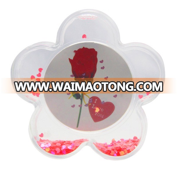 Acrylic Plastic Flower Shape Photo Frame With Liquid Red Heart Confetti Glitter Photo Insert Snow Globe Photo Frame