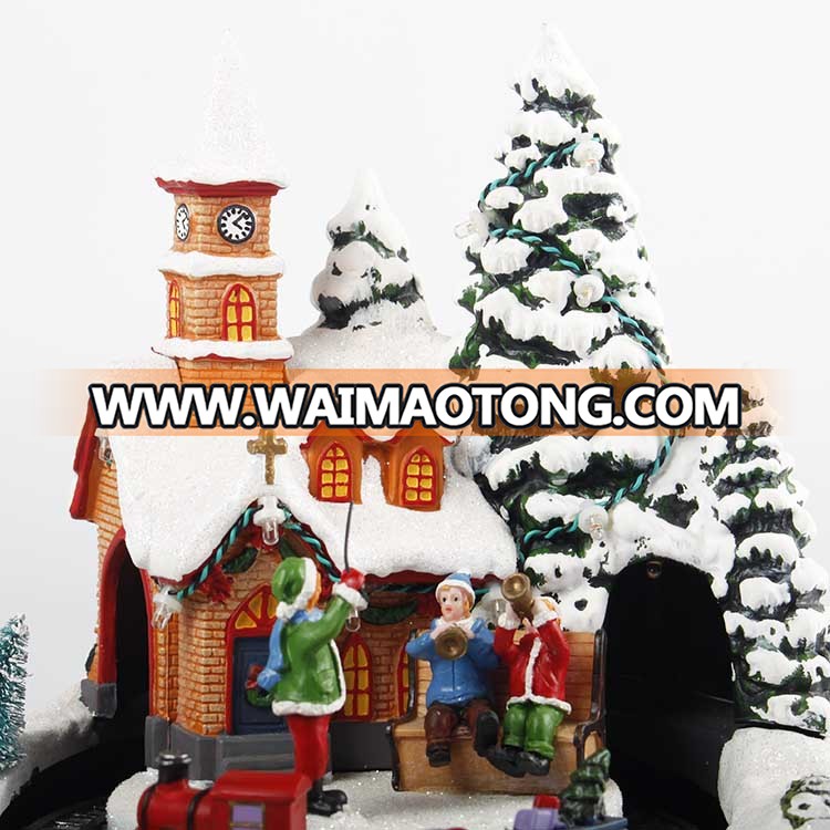 Battery operated musical led polyresin church train decorative resin Village scene Christmas decoration