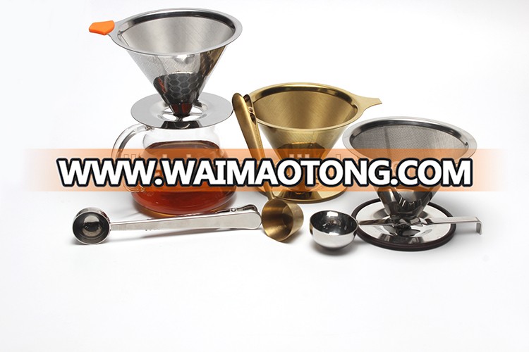 Titanium Coated Stainless Steel Pour Over Coffee Dripper Reusable Cone Shaped Filter Double Mesh Pour-Over Coffee Maker