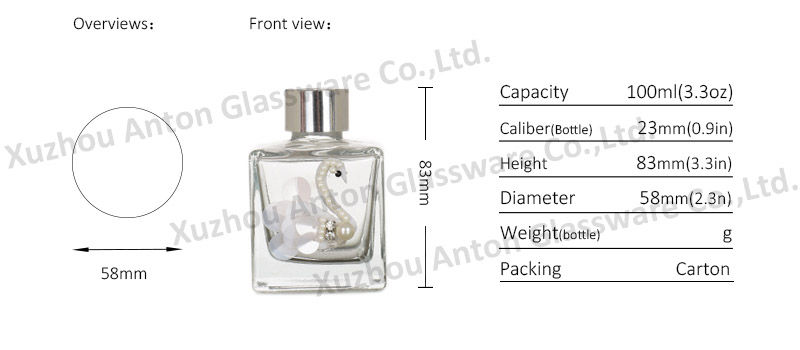 100 ml square aroma glass bottle with swan accessories and aluminum ring