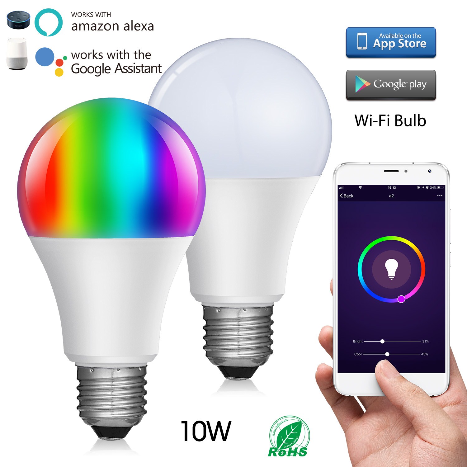 Dimmable Multicolored Color Changing RGBW A21 E26/27 works with Echo Alexa Google Home Wifi Led lamp Smart Light Bulbs