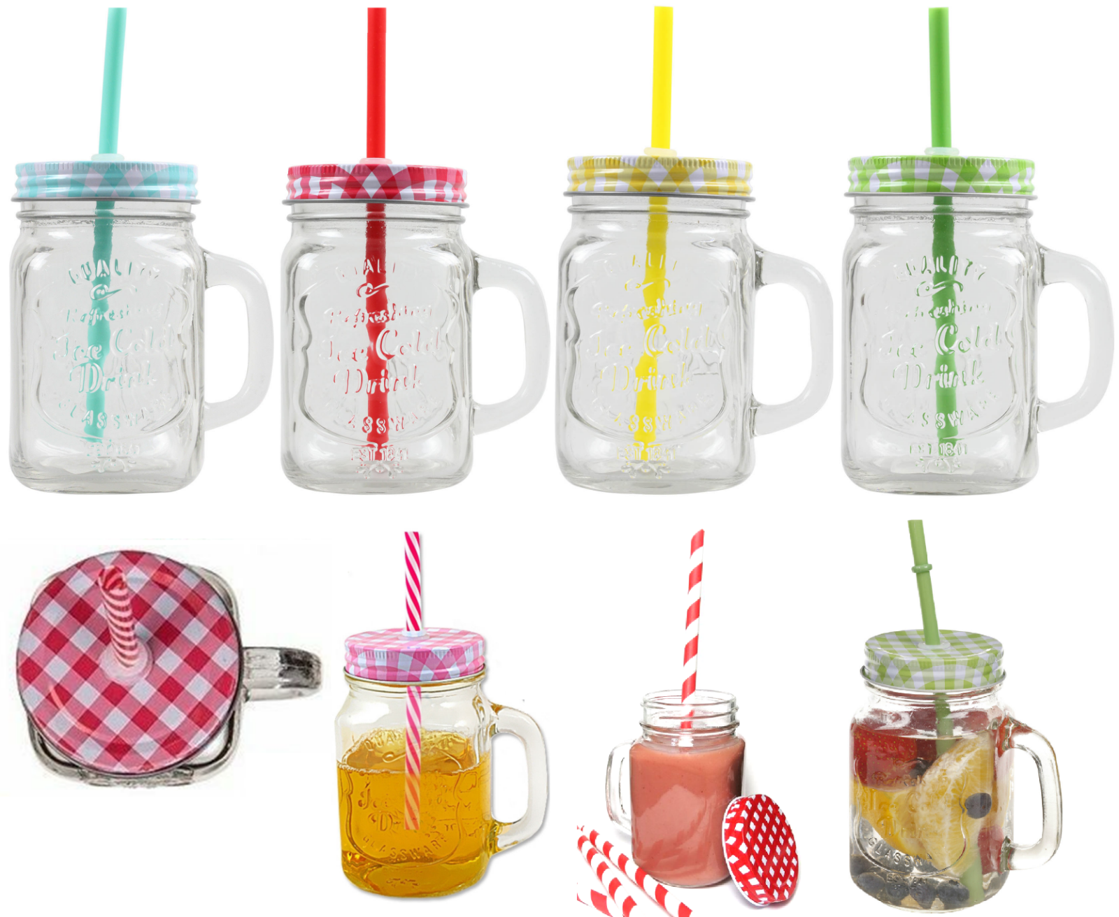 Mason Glass Jam Jar Drinking Mug With Plastic Straw & Lid