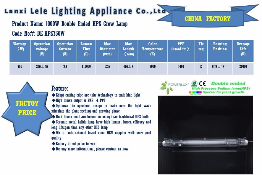 750W DE Double Ended High Pressure Sodium HPS Light Bulb Grow Plant Lamp