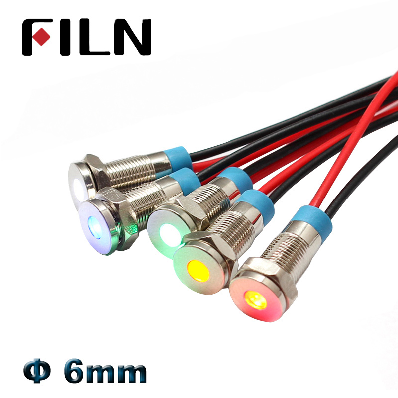 FILN 6mm 220v 12v 24v red yellow blue green lamp indicator signal light metal pilot lamp with cable 20cm