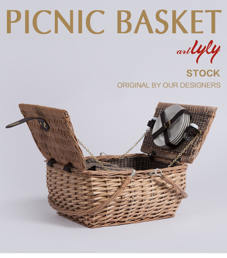 Kids fabric lining willow wicker picnic basket with handle lid