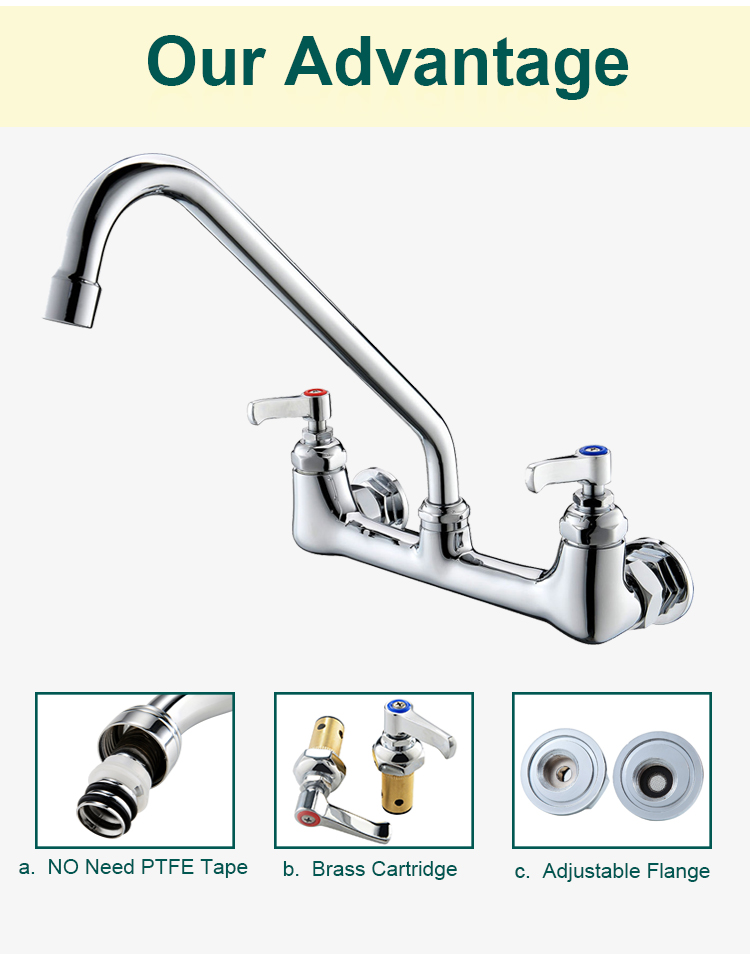 Chrome double handle wall mount kitchen sink faucet