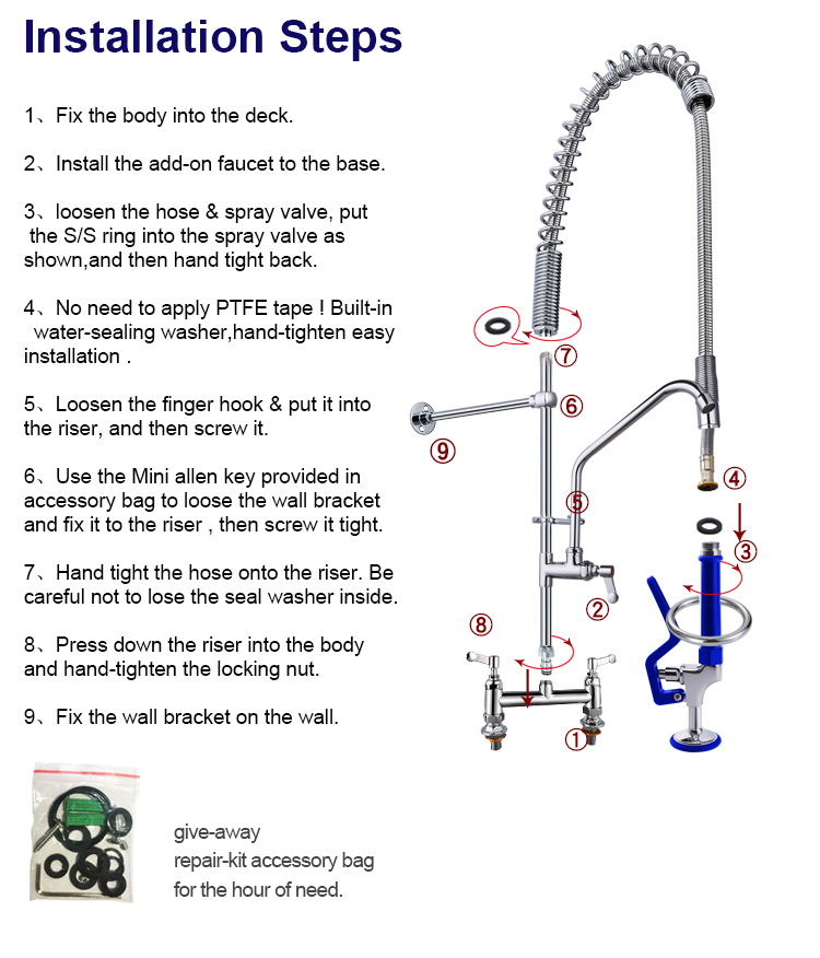 High pressure pre rinse kitchen mixer tap spout 2 hole faucet with sprayer