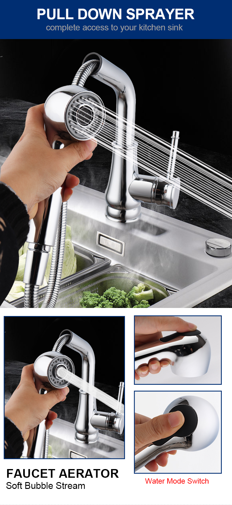 WaterMark patented design chrome plating pull down kitchen sink faucet for sale