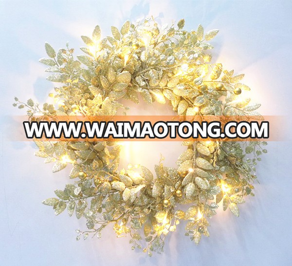 2019 new Christmas Prelit LED warm white lights artificial glitter leaf wreath