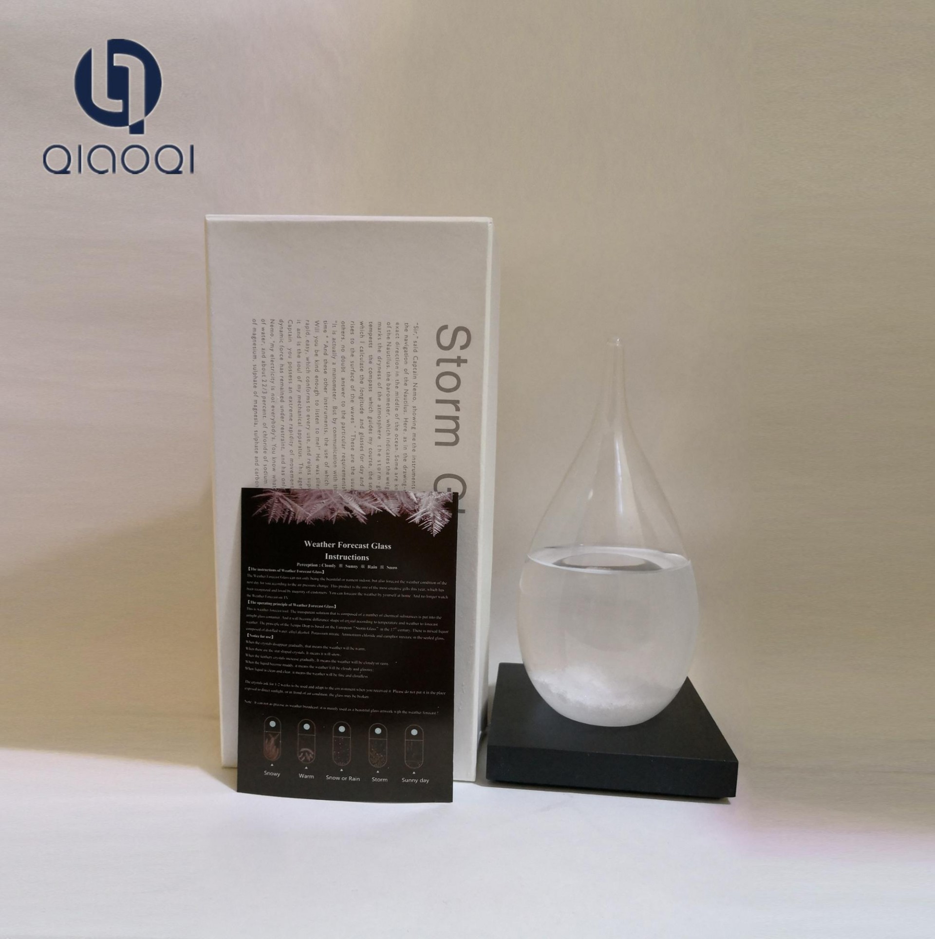 Storm glass with black grey wooden base