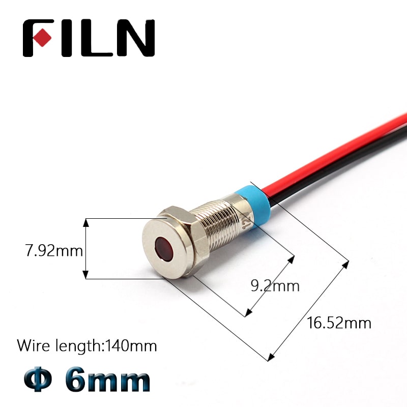 FILN 6mm 220v 12v 24v red yellow blue green lamp indicator signal light metal pilot lamp with cable 20cm