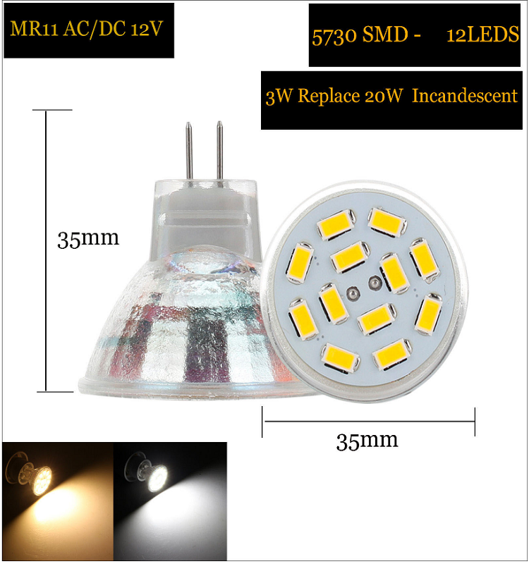 Clear Glass Type MR11 LED 12V 15W 20W Equivalent AC/DC 12V Bulb Spotlight Lamp