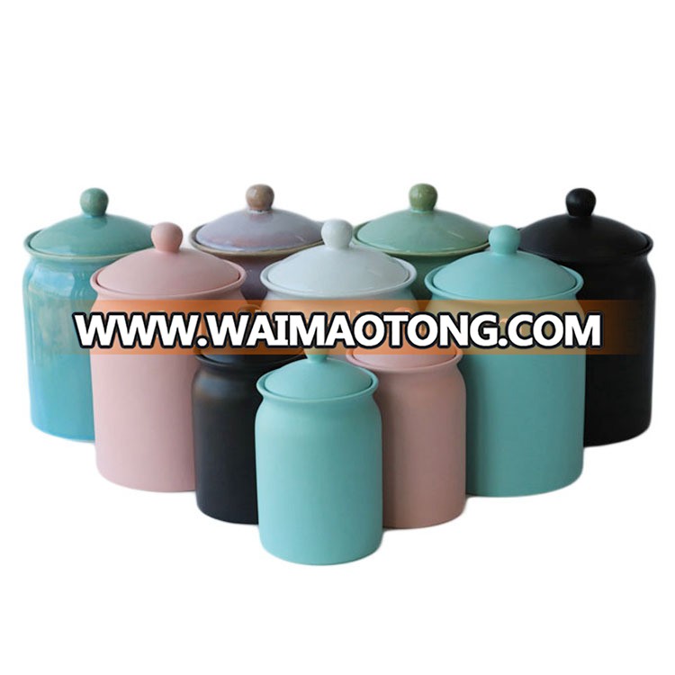 Wholesale Custom Tea Sugar Biscuit Storage Canister Ceramic coffee jars with wooden lids