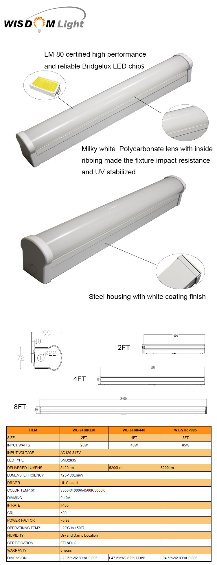 ETL DLC listed Linkable 2ft 4ft 8ft LED Linear Strip Light Fixture