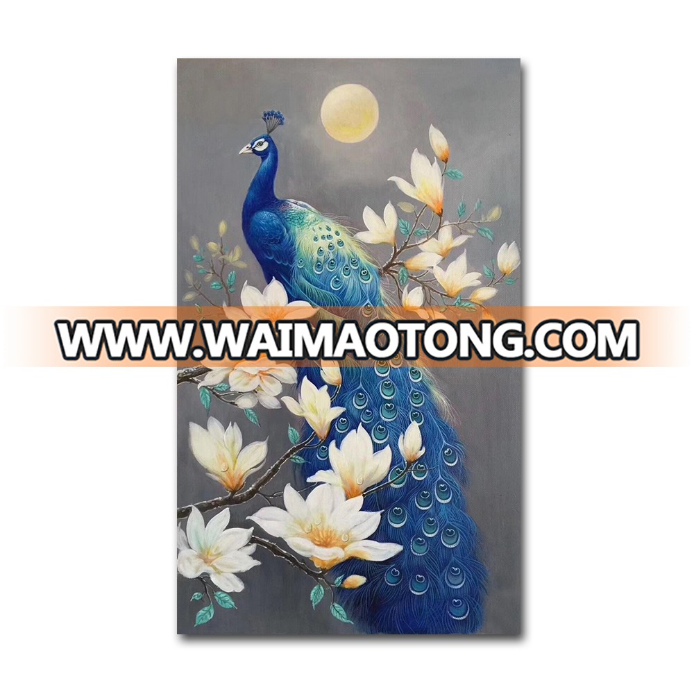 Handmade Beautiful White/Blue Peacock Painting Canvas Wall Art for Home Decoration