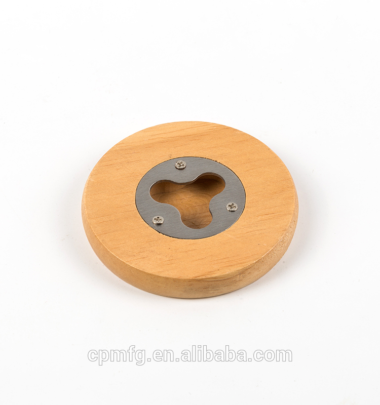 eco friendly magnetic round wood coaster bottle opener