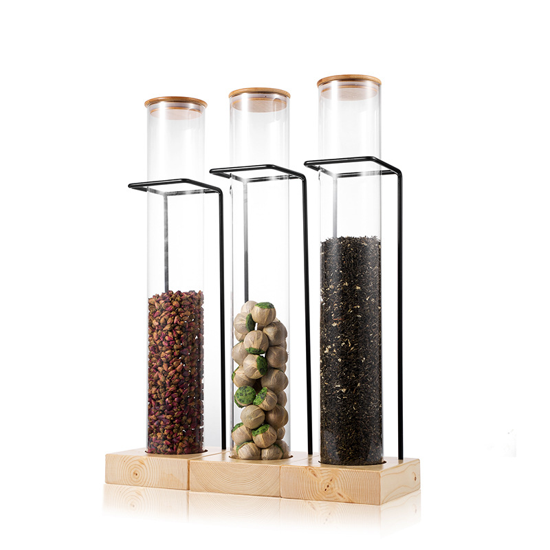 Large Bamboo Lid Sealed Glass Food Storage Tube Jar With Wooden Base For Display Grains