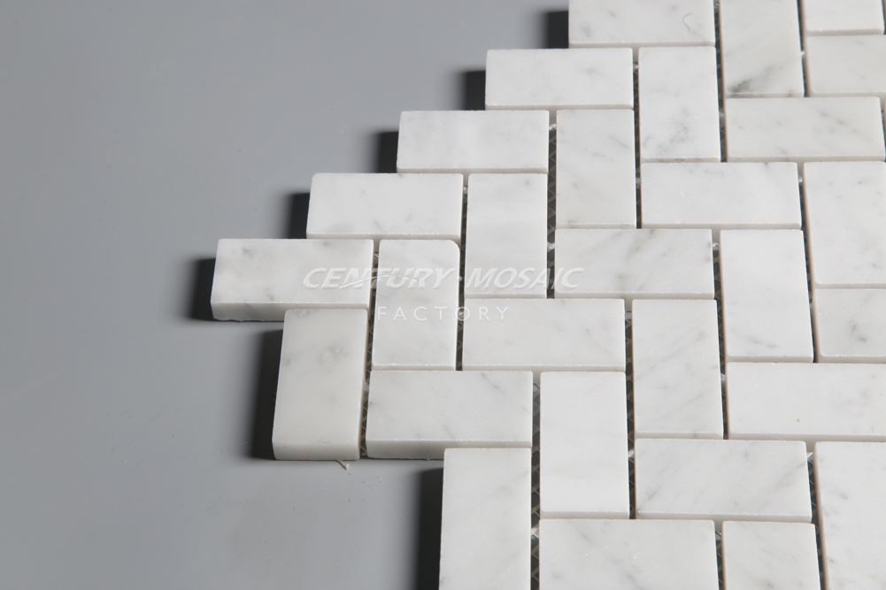 Century Carrara White Herringbone Shaped Marble Mosaic Tile Interior Wallpaper