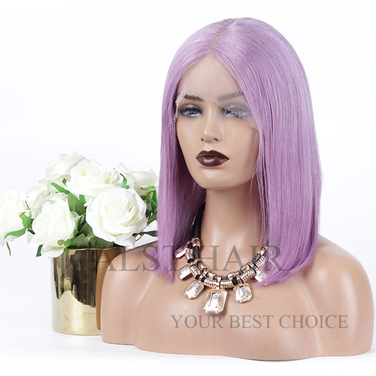 Hot selling middle part  12inch short bob wigs human hair lavender purple colorful cut bob full lace wig