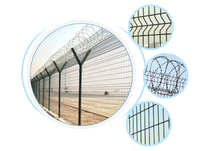 High security chain link airport fence with razor barbed wire