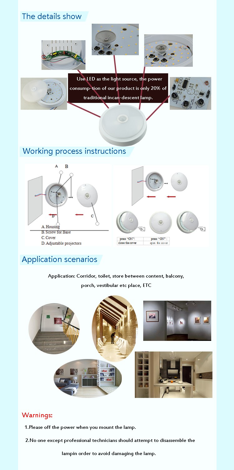 Newly designed Plastic Wood grain color Indoor Square Slim  Ceiling LED Fixture With Sensor