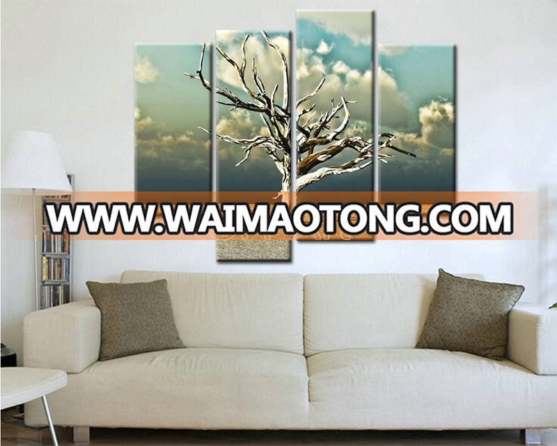 Wall Paintings Still life 4pcs Landscape living room Decoration Dead trees Mint Green Sky Canvas printed Painting Art