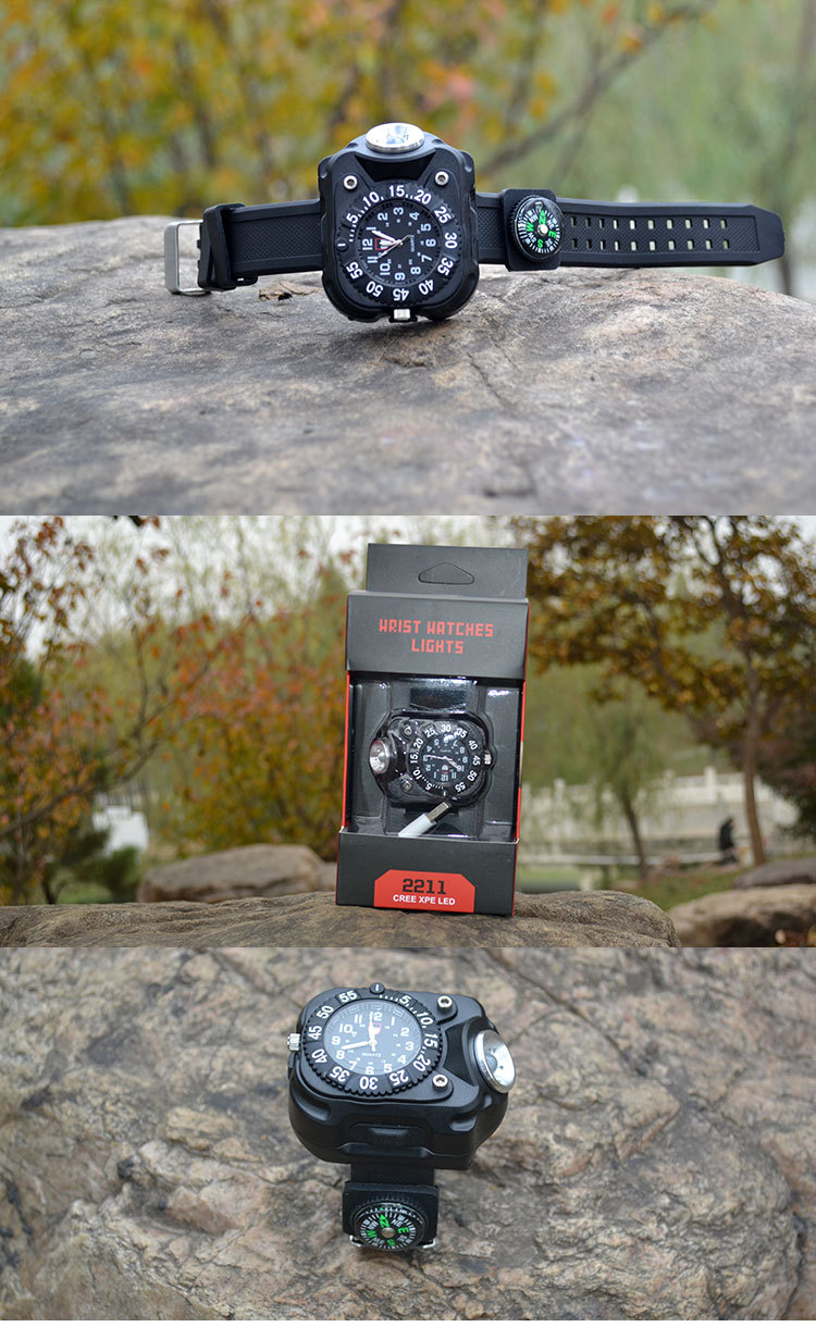 2211 Outdoor multi rechargeable camping clock led wrist light with compass