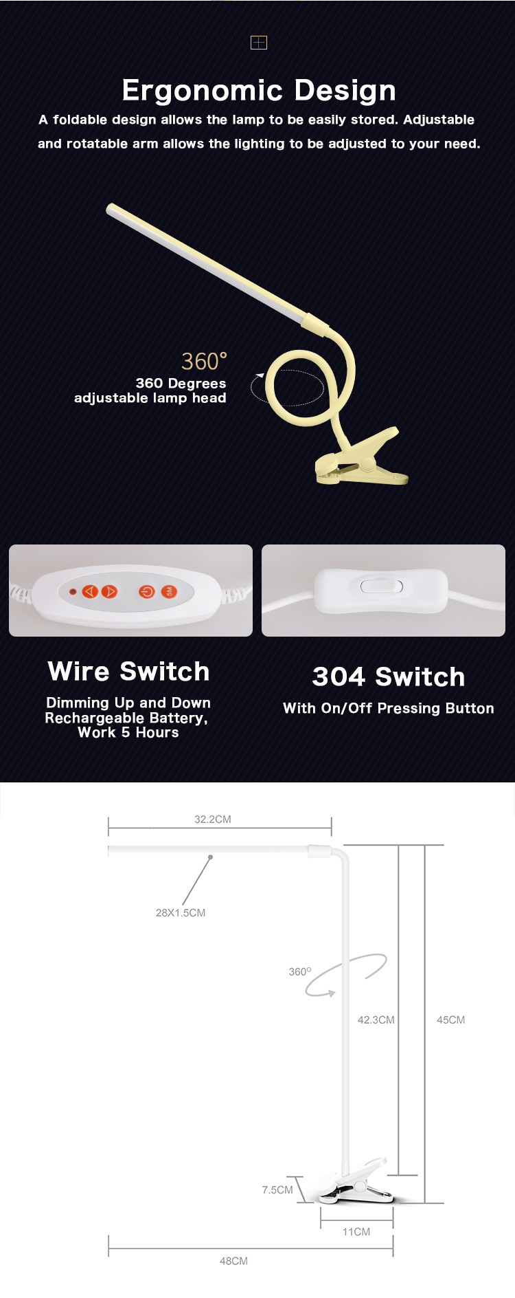 Led Clip Table Lamp Led Energy Saving Reading Lamp with USB Night Light