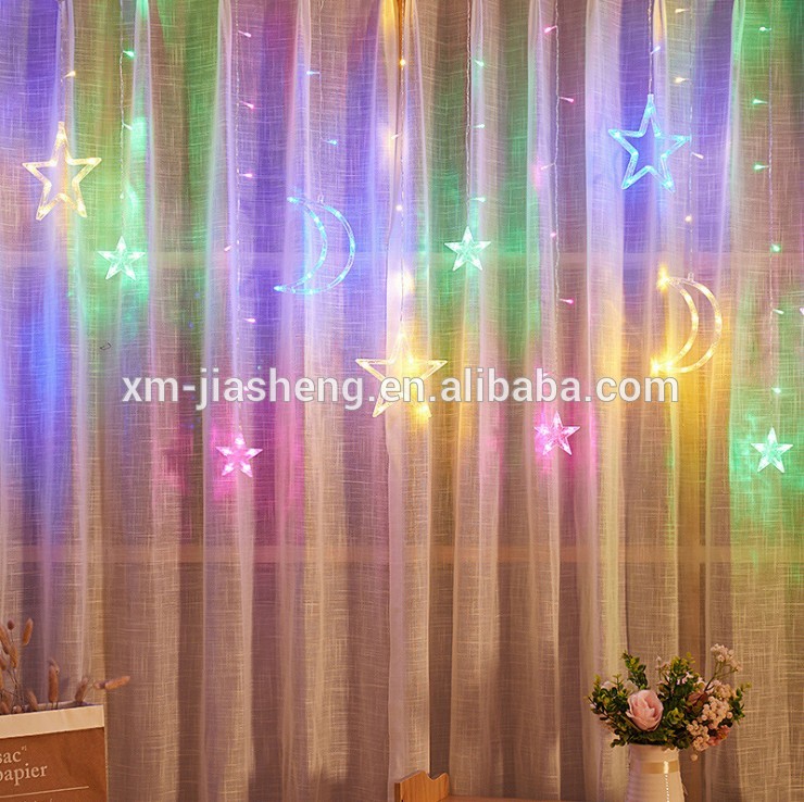 Outdoor Indoor Decorations Warm White 250cm 118 LED moon star Curtain String Light for Window wedding Party Home Bedroom