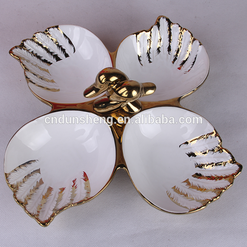 european handicraft double swan decor ceramic four compartment plate for dry fruit