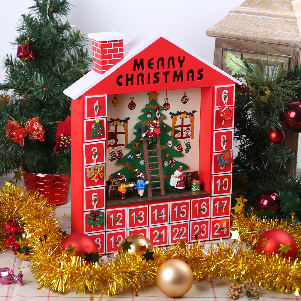 Christmas Wooden Advent Calendar House with 24 Drawers and Hanging Ornaments