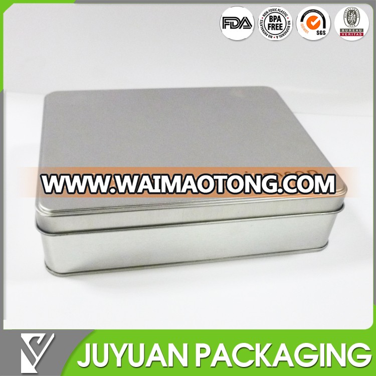 China tin container manufacturer's plain brushed silver metal tin box with hinged lid