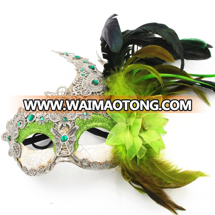 PoeticExst women's half-face multiple colour lace diamond venetian masquerade masks side flower and feather mask