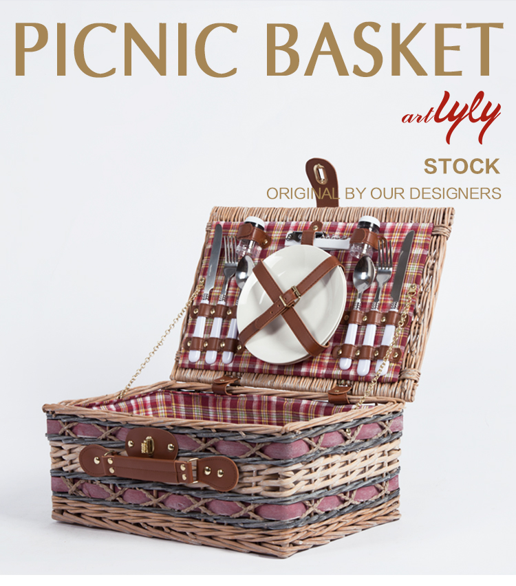 Hand wove lovely pink liner rattan wicker willow storage hamper small wooden basket picnic set for food bresd fruit wine