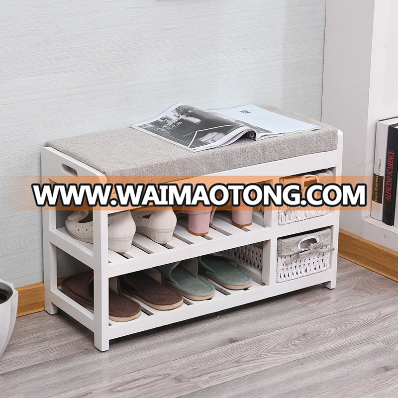 Wholesale White Color Wood Storage Entryway Shoes Bench with Baskets Organizers