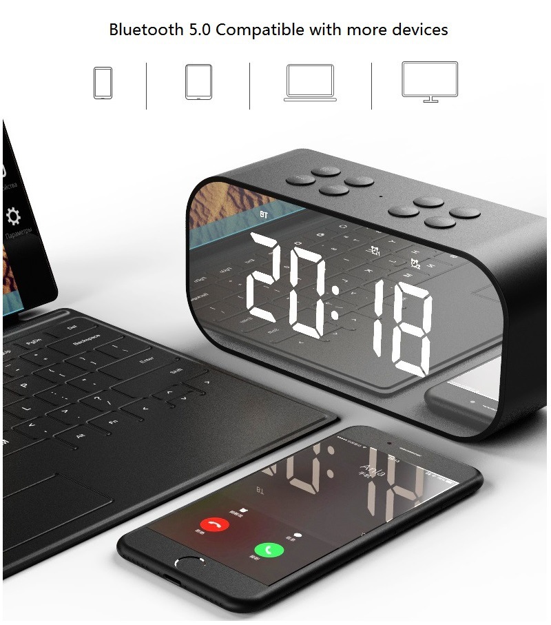 Portable Mirror LED display time wireless Handsfree call vibrant usb alarm clock speakers