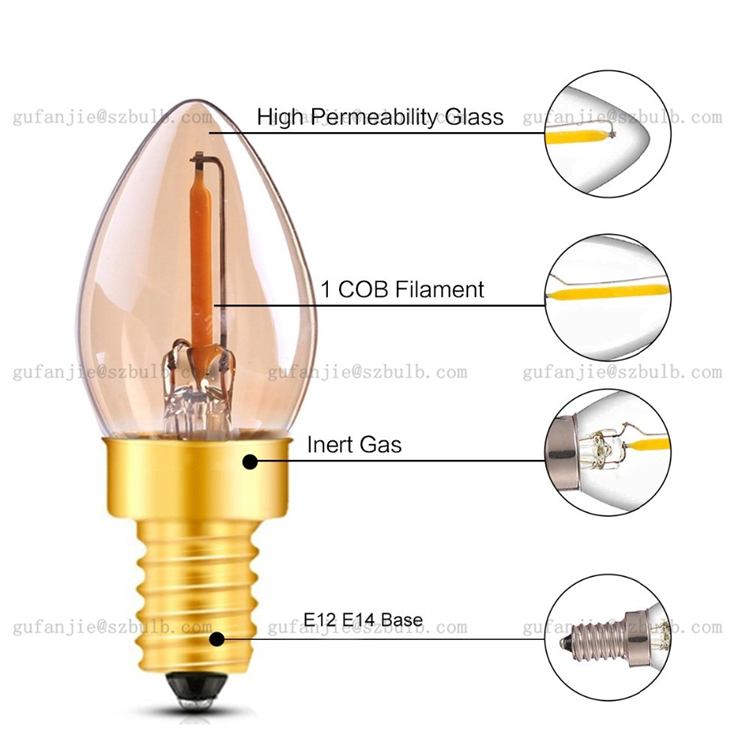 C7 LED Candle Lamp Amber Glass 1W 2200K E12 E14 Base Decorative String Lights Edison LED Filament Night Bulb