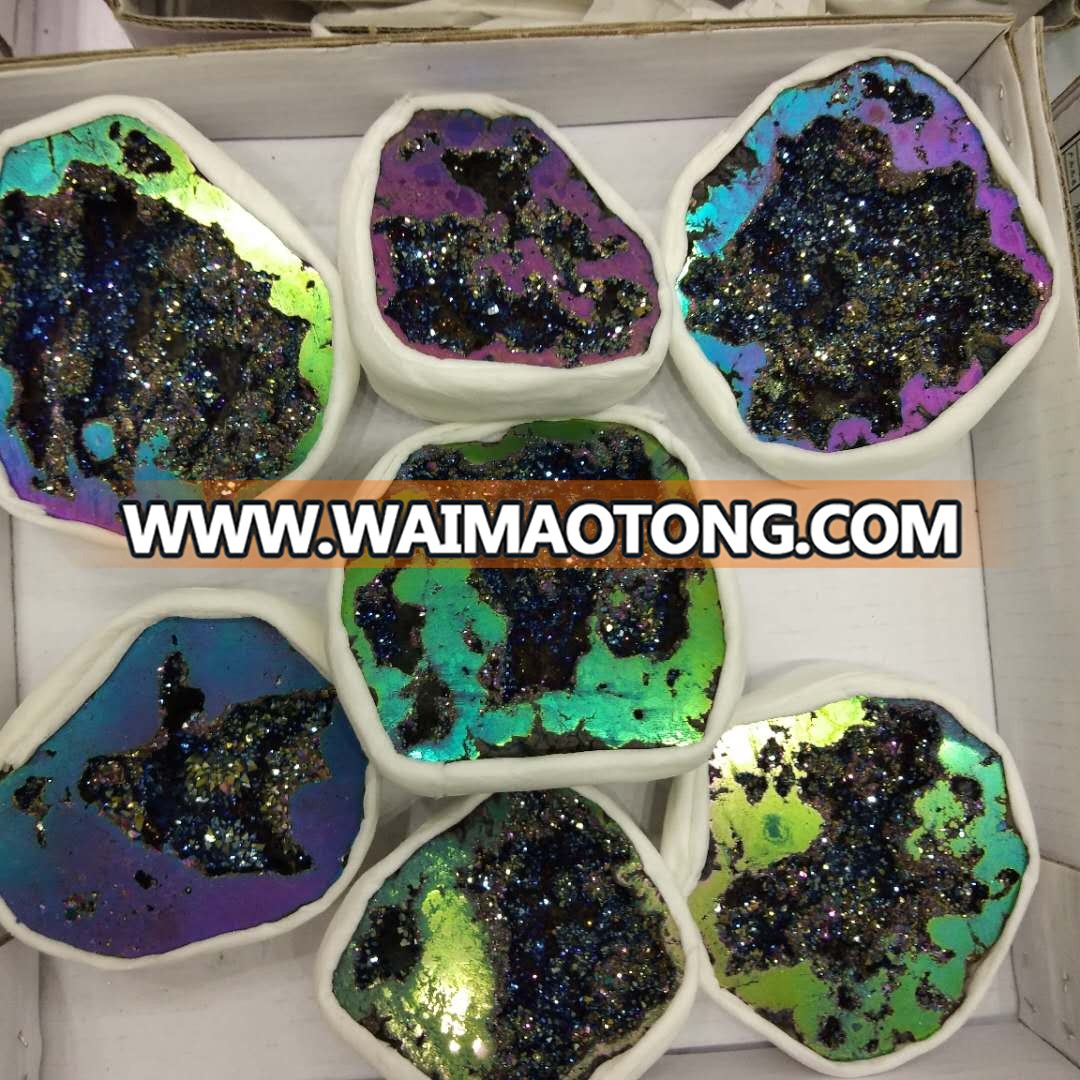 Artificial Titanium Electroplated Colorful Rainbow Angel Aura Quartz Crystal Geode For Sale