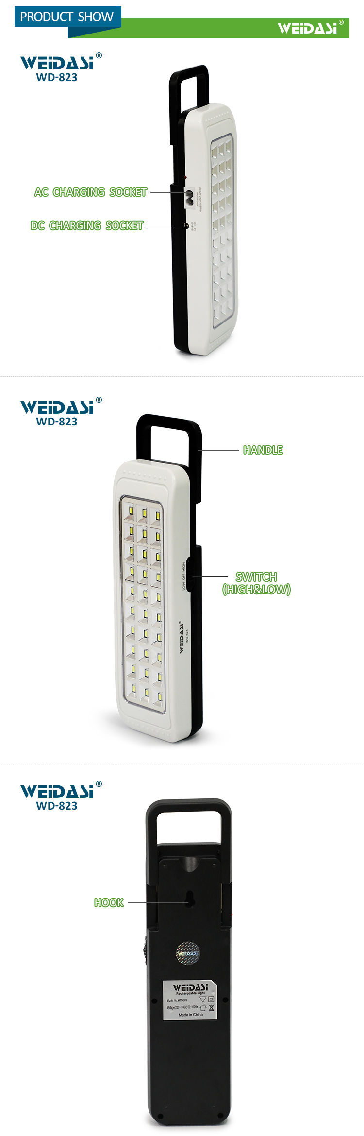 rechargeable battery portable led emergency charger light with handle