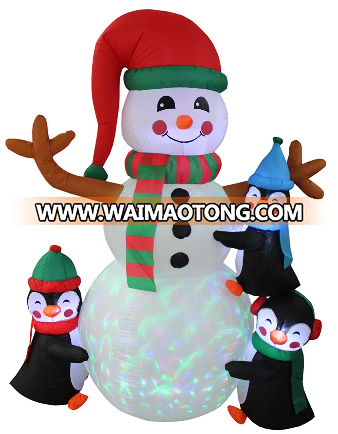 6 Foot Tall Color Lighted Christmas Inflatable Three Cute Penguins and Snowman