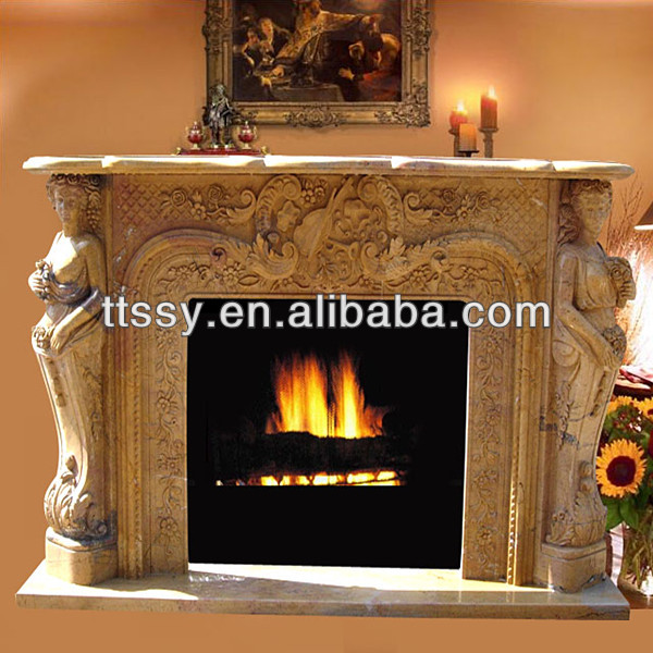 Beige marble fireplace insert with statue