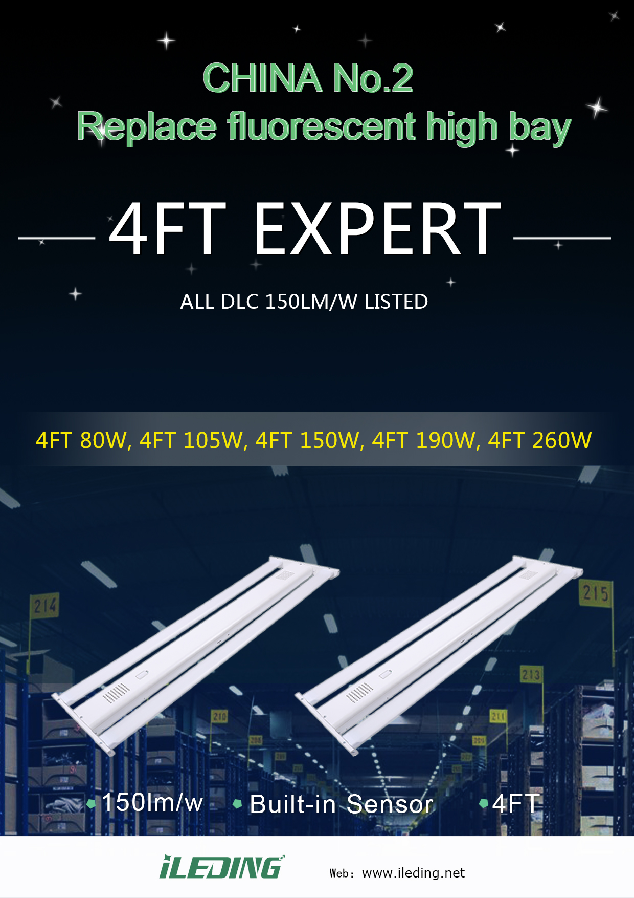 150lm/w 80W 105W 190W 260W 223W 321W 420W Linear High Bay Light 4FT