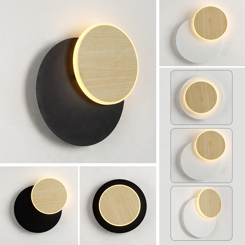 Rotatable round moon square black white acrylic metal wood color one two circle light led bedside wall lamps