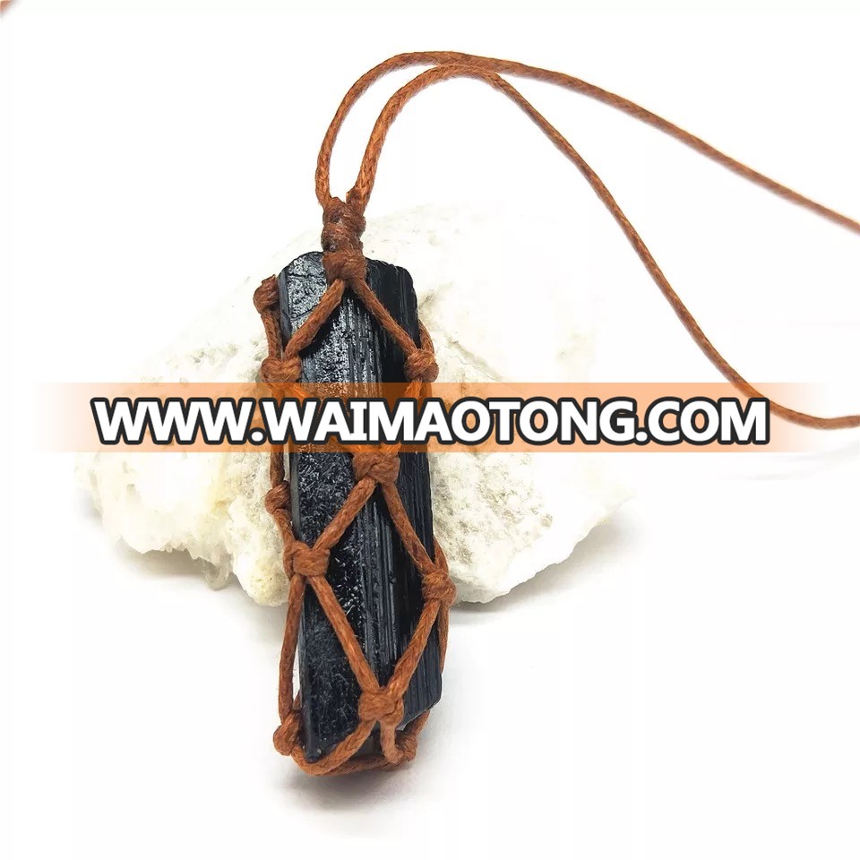 Hot sell cord knot stone pendant black tourmaline rough pendant