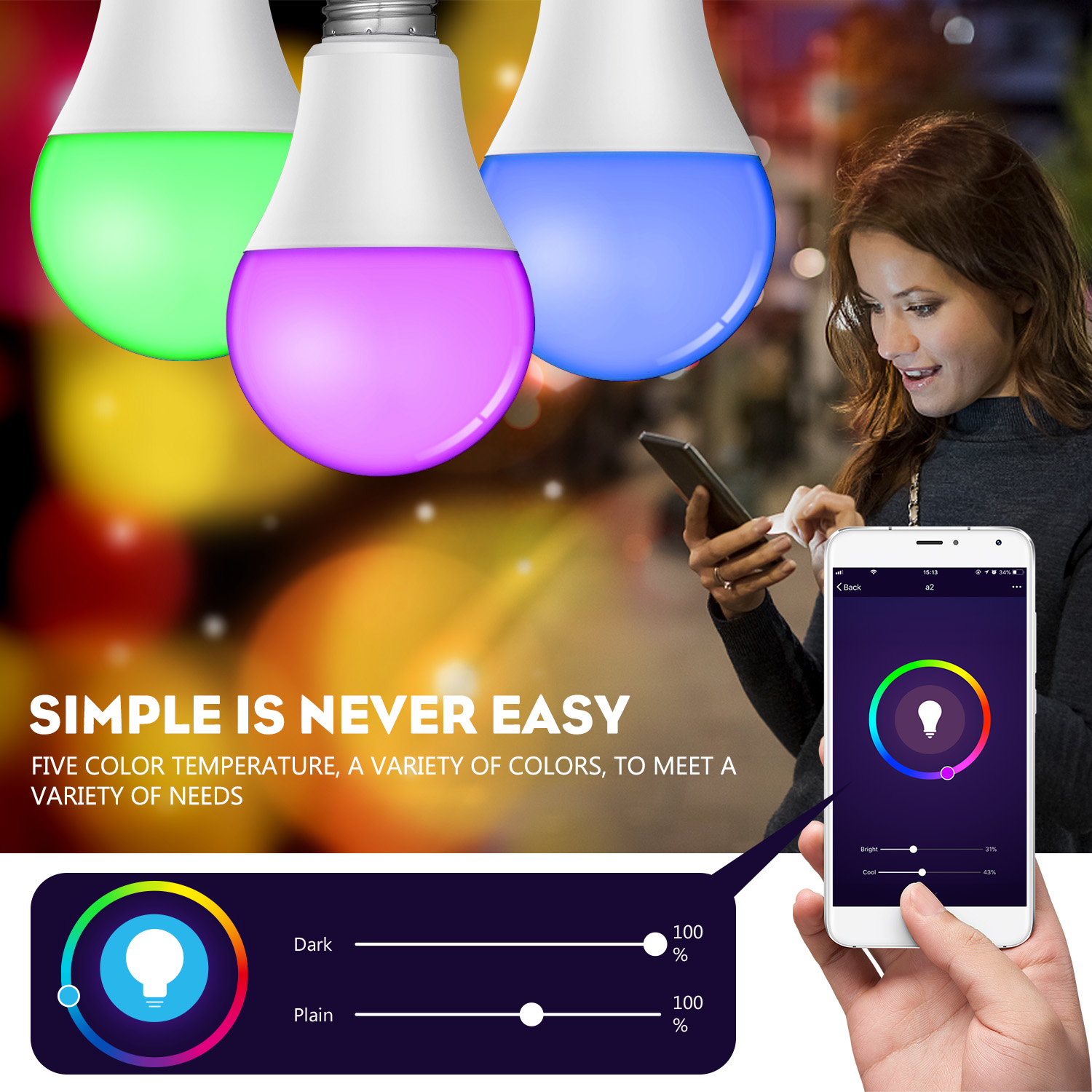 Dimmable Multicolored Color Changing RGBW A21 E26/27 works with Echo Alexa Google Home Wifi Led lamp Smart Light Bulbs